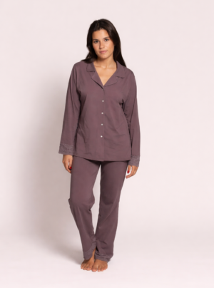Button up Stretch Cotton PJ Set with Lace